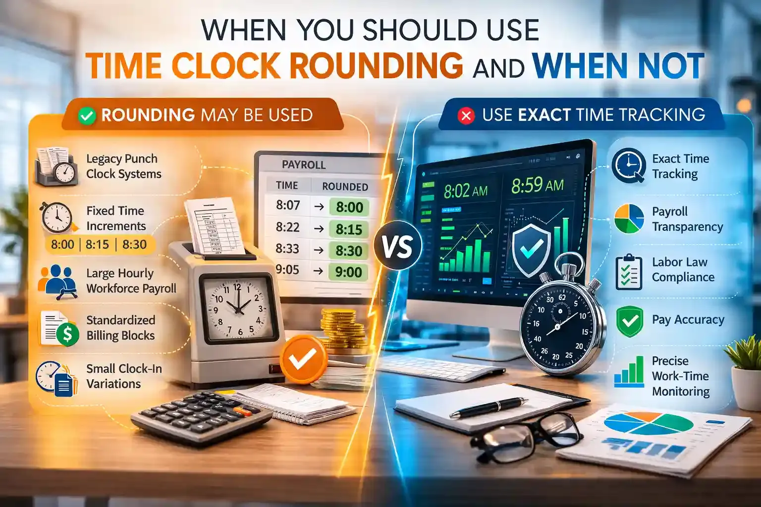 Time clock rounding vs exact time tracking in payroll and compliance dashboard.